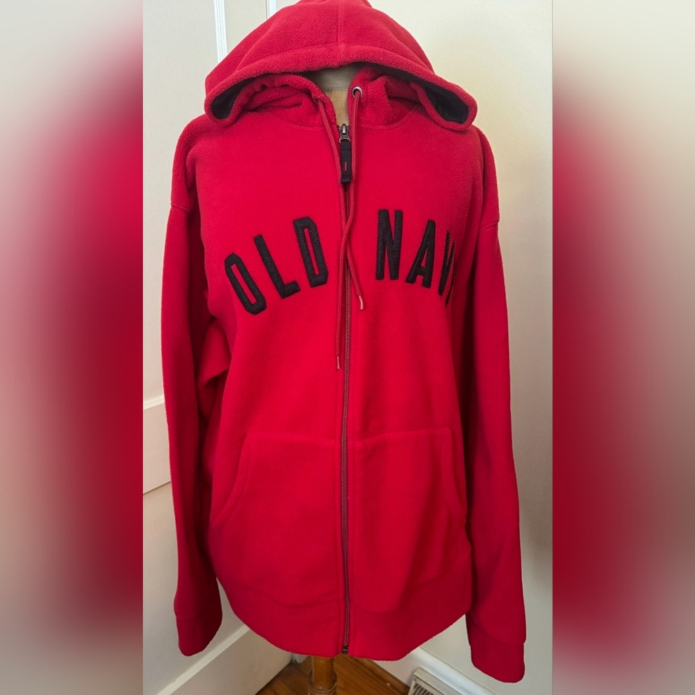XL Red Old Navy Zip-Up Hoodie Fleece  Jacket With Black Lined Hood & Lettering